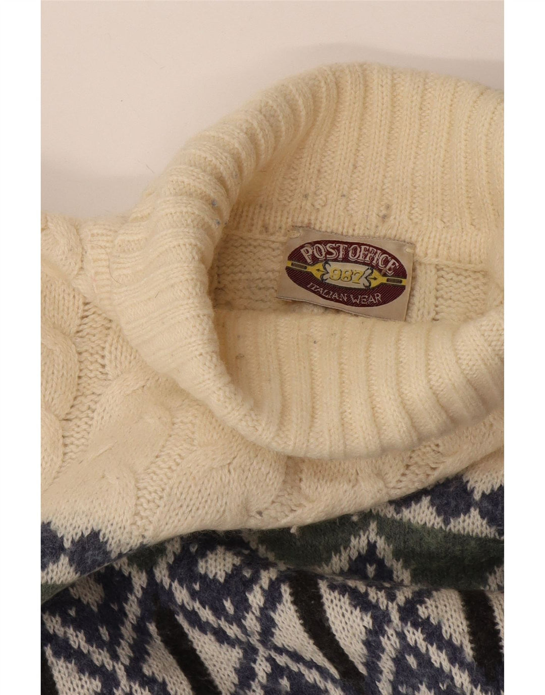 Vintage Mens Roll Neck Jumper Sweater Medium Off White Geometric