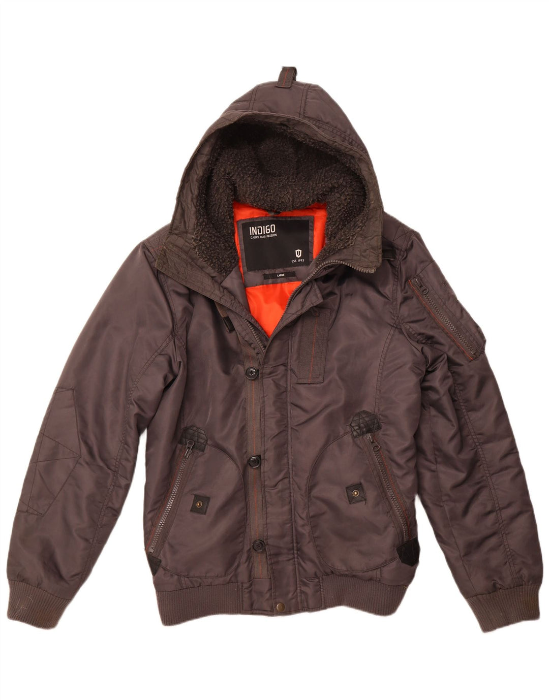 INDIGO Mens Hooded Bomber Jacket UK 40 Large Grey Nylon