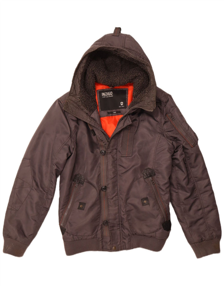 INDIGO Mens Hooded Bomber Jacket UK 40 Large Grey Nylon