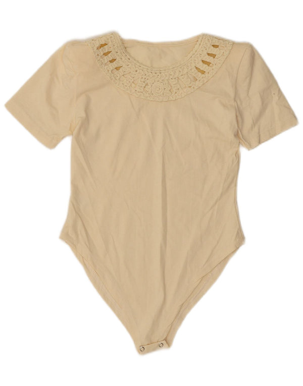 Vintage Womens Bodysuit UK 10 Small Beige Cotton