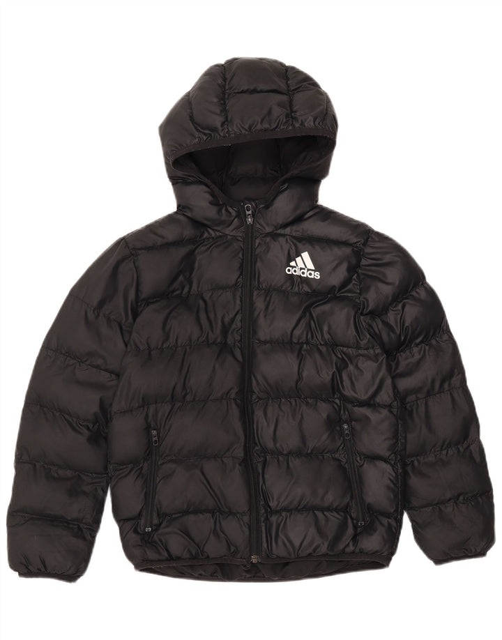 ADIDAS Boys Hooded Padded Jacket 9-10 Years Black Polyester