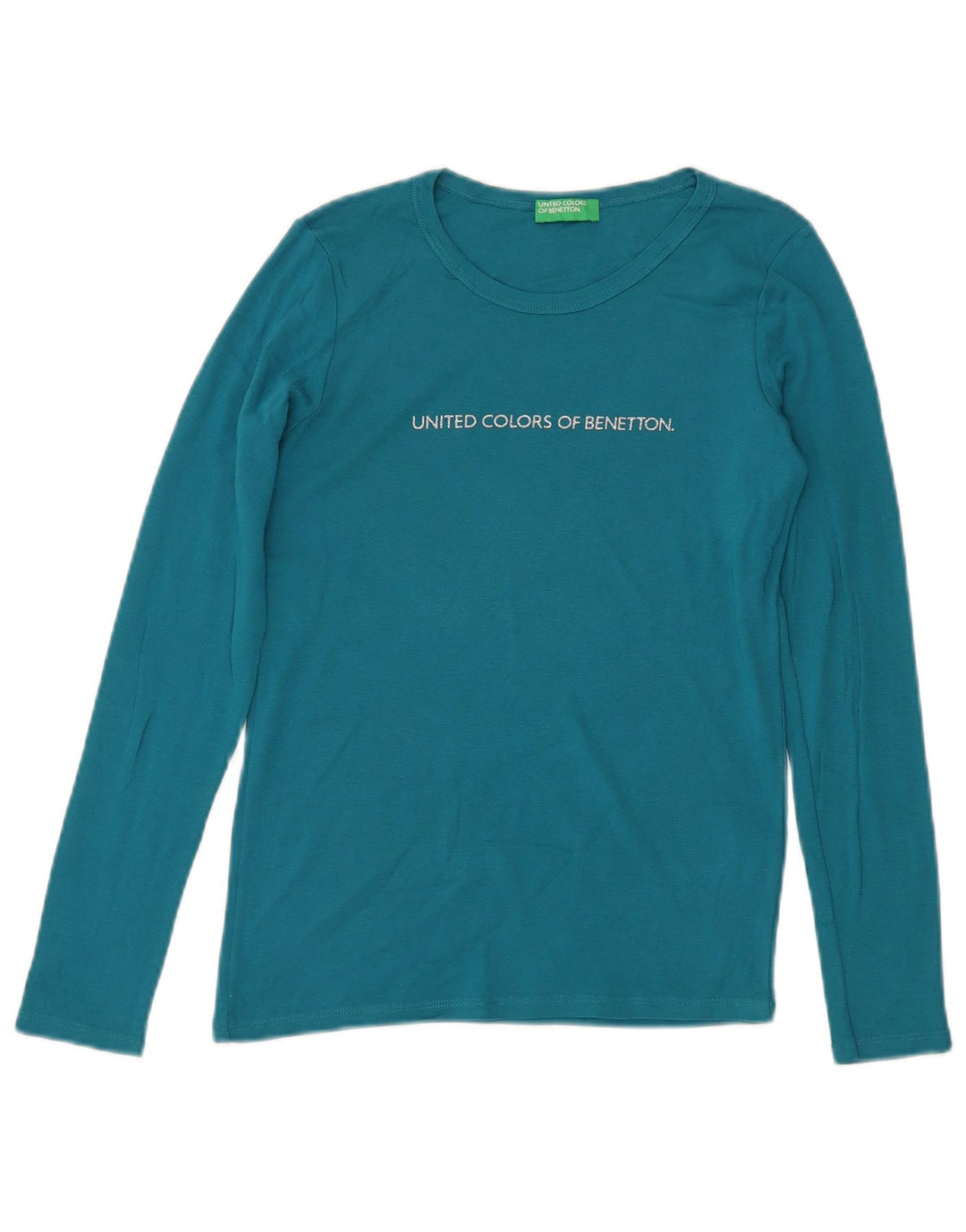 BENETTON Womens Graphic Top Long Sleeve UK 10 Small Blue Cotton