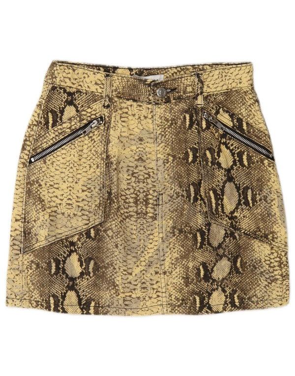 Topshop Womens Graphic Mini Skirt UK 8 Small W26 Yellow Animal Print Cotton