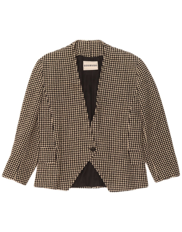 Vintage Womens 1 Button Blazer Jacket UK 14 Medium Black Houndstooth Wool