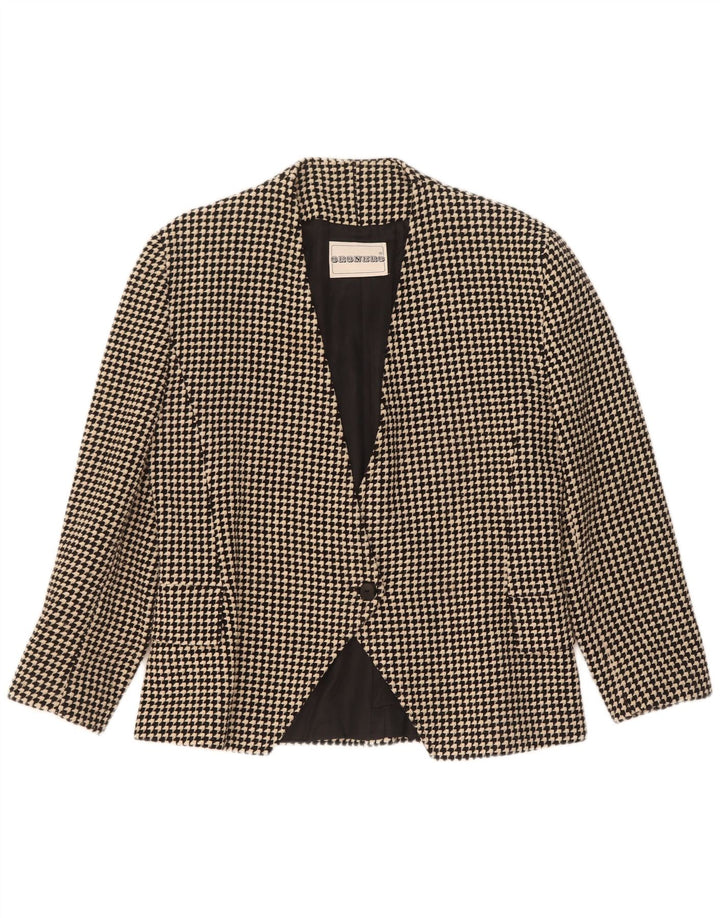 Vintage Womens 1 Button Blazer Jacket UK 14 Medium Black Houndstooth Wool