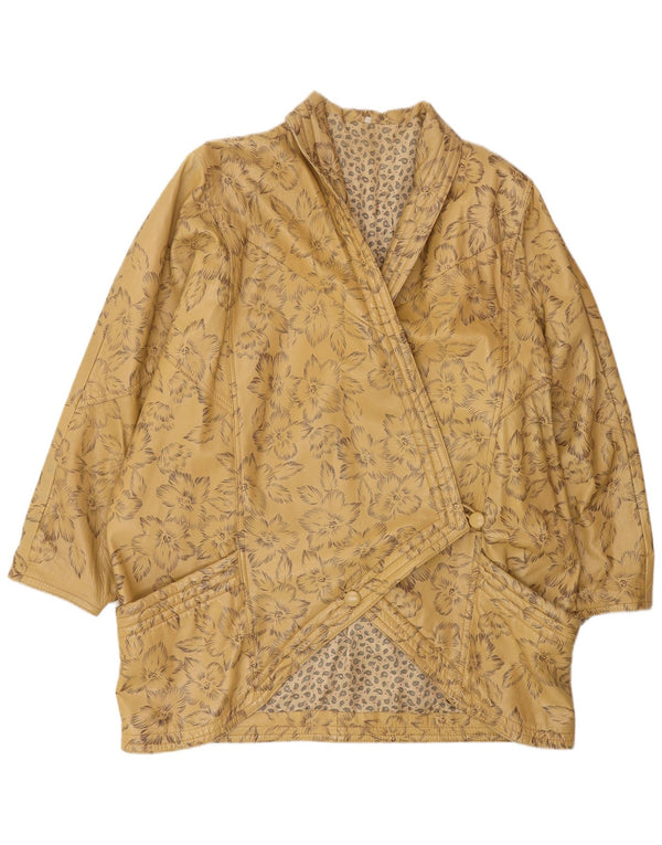 VINTAGE Womens Oversized Leather Coat EU 44 XL Beige Floral