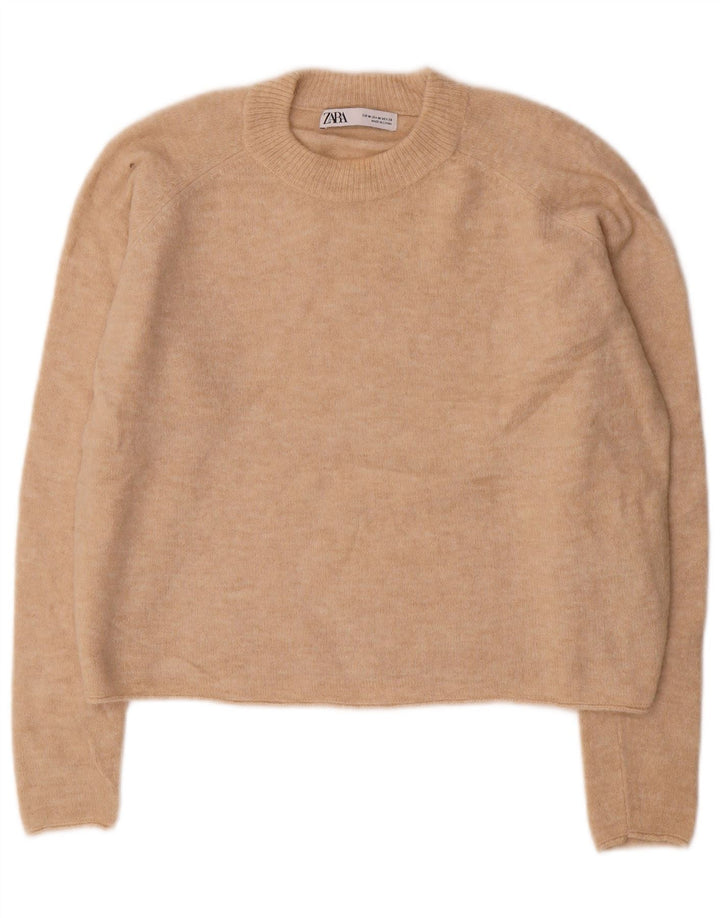 ZARA Womens Oversized Crop Crew Neck Jumper Sweater UK 14 Medium Beige