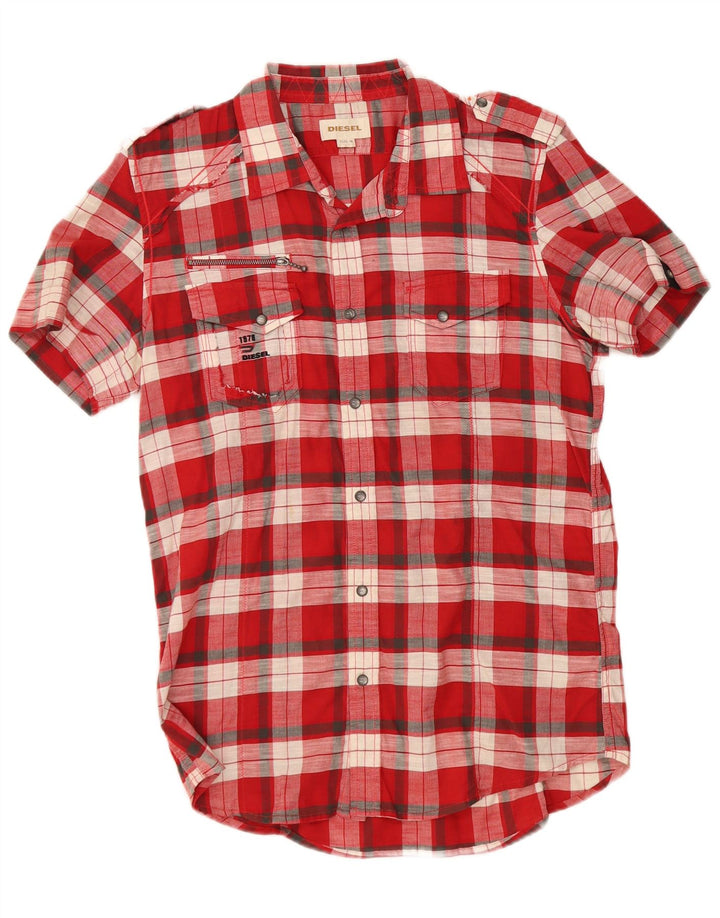 Diesel Mens Short Sleeve Military Shirt Medium Red Check Cotton