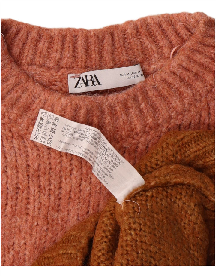 ZARA Womens Crew Neck Jumper Sweater UK 14 Medium Pink Colourblock Acrylic