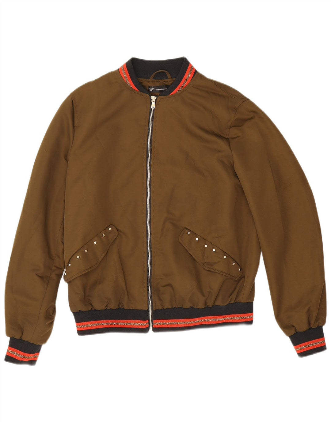 Zara Womens Graphic Bomber Jacket UK 14 Medium Khaki Striped