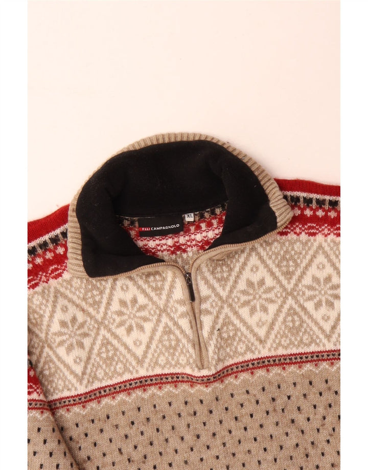 CAMPAGNOLO Mens Zip Neck Jumper Sweater XL Beige Fair Isle Wool