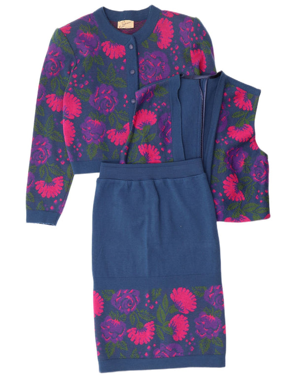 VINTAGE Womens 3 Piece Set IT 46 Large W26 Navy Blue Floral Virgin Wool