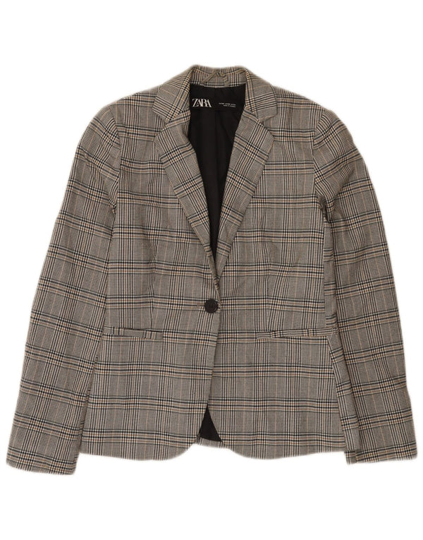 Zara Womens 1 Button Blazer Jacket EU 34 2XS Grey Check Polyester
