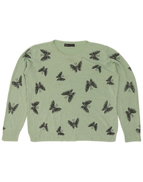 Marks & Spencer Womens Boat Neck Jumper Sweater UK 16 Large Green Butterfly
