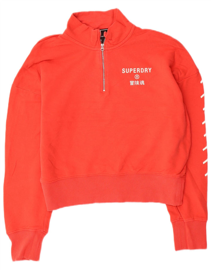 Superdry Womens Crop Zip Neck Sweatshirt Jumper UK 12 Medium Orange Cotton