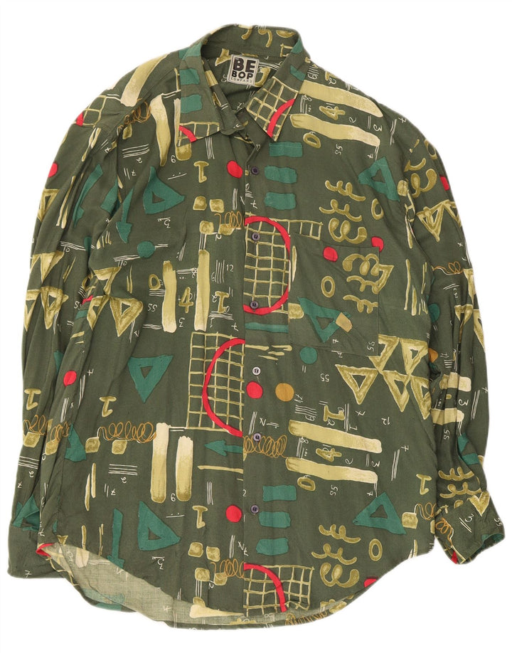 Vintage Mens Shirt Medium Green Geometric Viscose