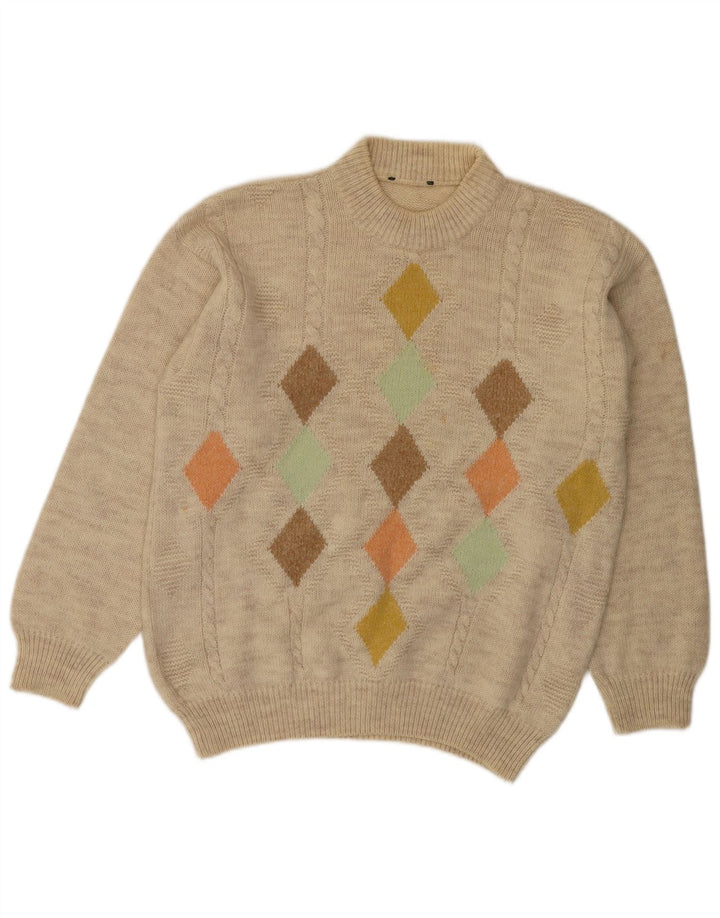 VINTAGE Mens Crew Neck Jumper Sweater Medium Beige Argyle/Diamond