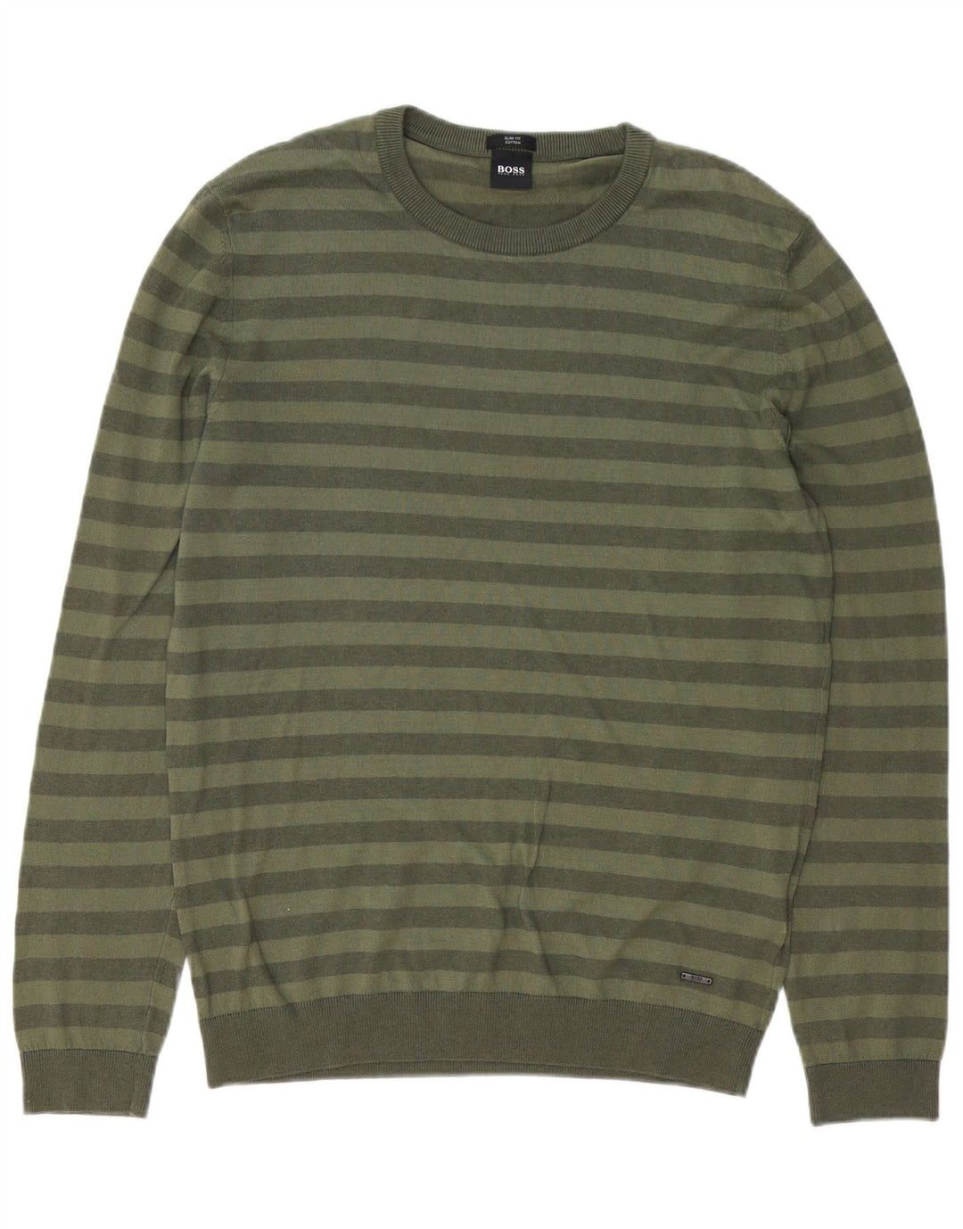 HUGO BOSS Mens Slim Fit Crew Neck Jumper Sweater Large Green Striped