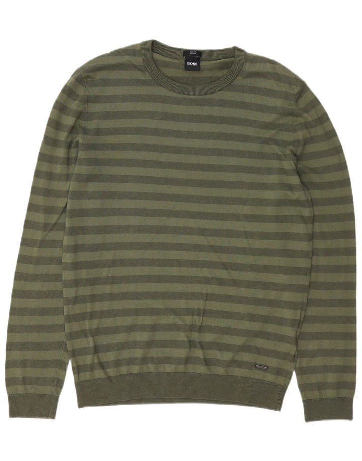 HUGO BOSS Mens Slim Fit Crew Neck Jumper Sweater Large Green Striped
