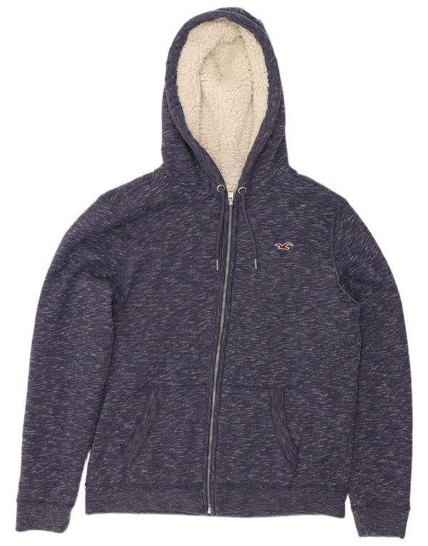 Hollister Mens Sherpa Zip Hoodie Sweater Medium Navy Blue Flecked Cotton
