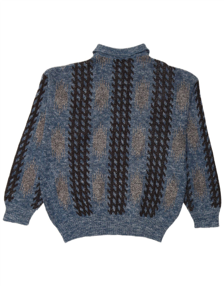 Vintage Mens Polo Neck Jumper Sweater Medium Blue Geometric