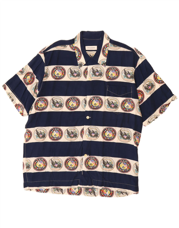 VINTAGE Mens Graphic Short Sleeve Shirt Large Navy Blue Striped Viscose