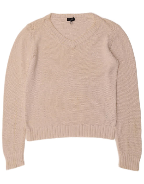 ARMANI JEANS Womens V-Neck Jumper Sweater UK 16 Large White Cotton