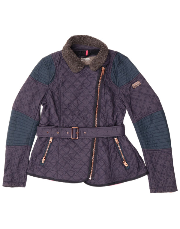 Superdry Womens Quilted Jacket UK 14 Medium Navy Blue Colourblock Nylon