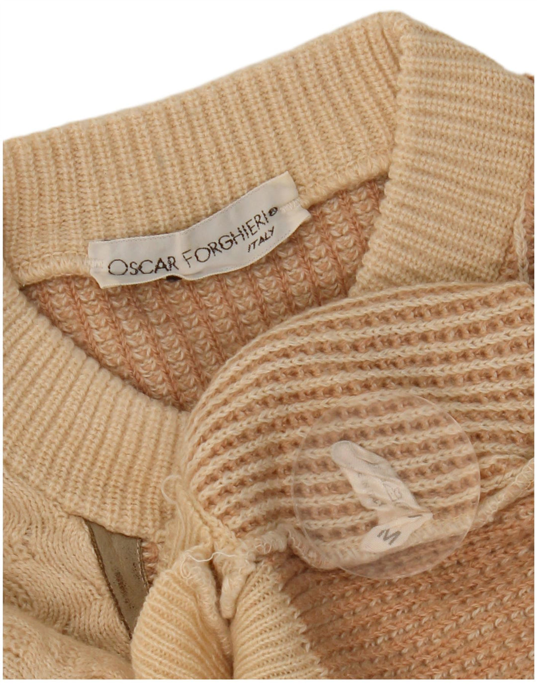 Oscar Forghieri Mens Crew Neck Jumper Sweater Medium Beige Striped Wool