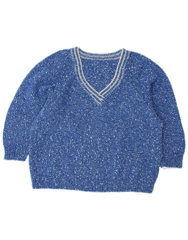 VINTAGE Womens Loose Fit V-Neck Jumper Sweater UK 14 Medium Blue Flecked