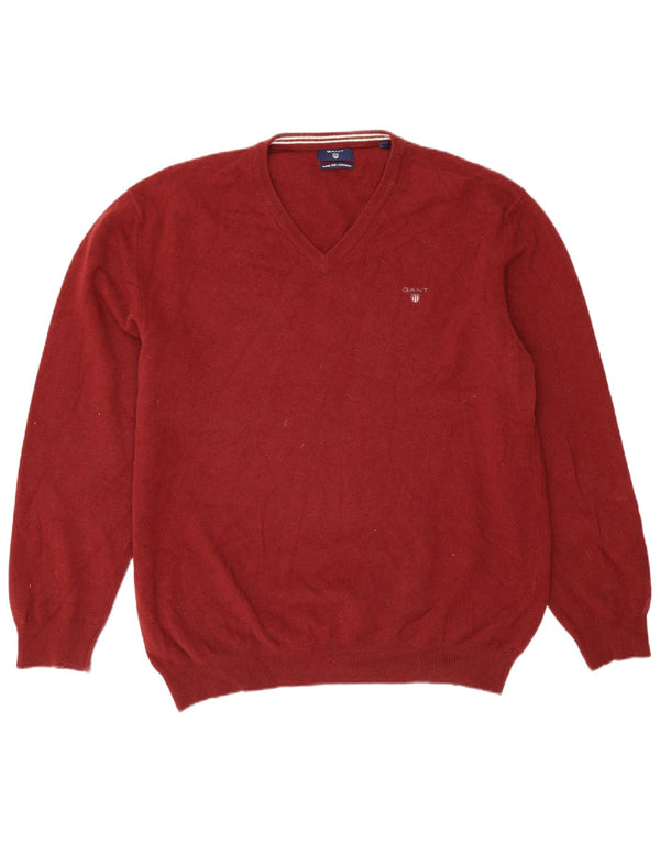 Gant Mens V-Neck Jumper Sweater 3XL Burgundy Merino Wool