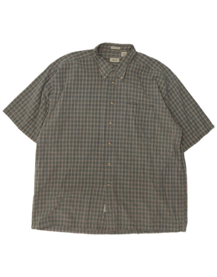 IZOD Mens Short Sleeve Shirt XL Khaki Check Cotton