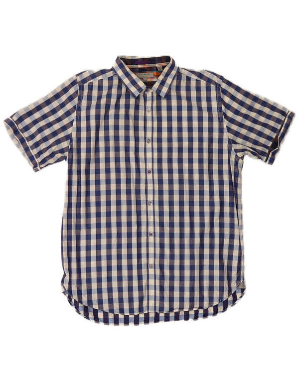 Ted Baker Mens Short Sleeve Shirt Size 5 XL Navy Blue Check Cotton