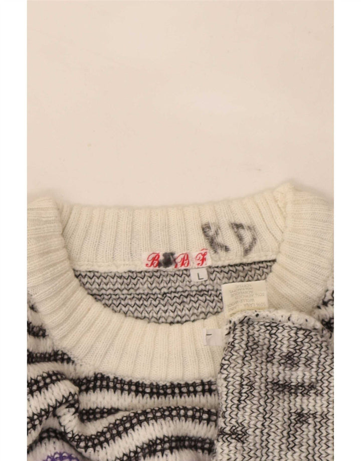 Vintage Mens Crew Neck Jumper Sweater Large White Geometric Wool