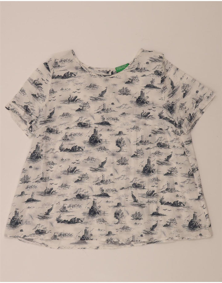 BENETTON Womens Abstract Pattern Blouse Top UK 16 Large White Vintage Benetton and Second-Hand Benetton from Messina Hembry 