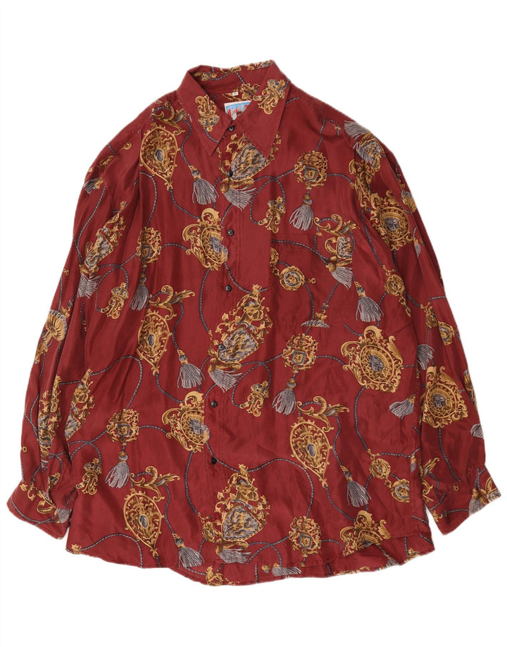 Vintage Mens Abstract Pattern Shirt Large Red Silk
