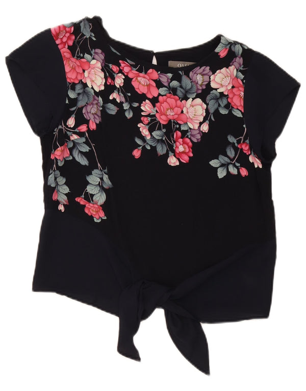 Oasis Womens Crop Front Tie Blouse Top UK 8 Small Navy Blue Floral Viscose