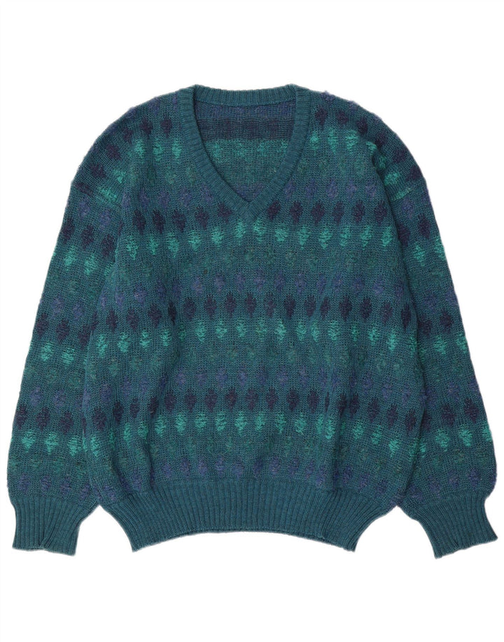 Vintage Mens V-Neck Jumper Sweater IT 54 XL Blue Fair Isle Wool