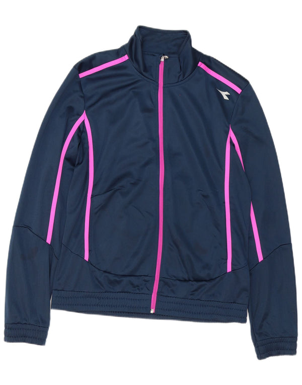 Diadora Womens Tracksuit Top Jacket UK 14 Large Navy Blue Striped Sports