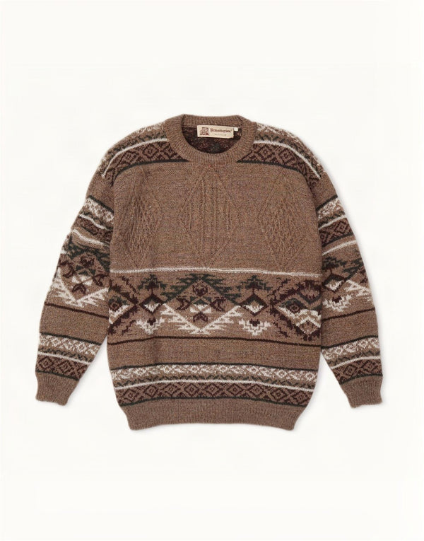 Kennington Mens Crew Neck Jumper Sweater Large Brown Fair Isle Wool