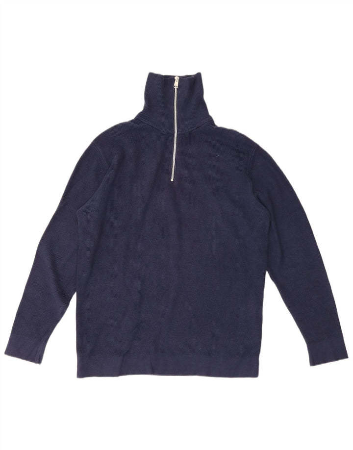 Zara Mens Zip Neck Jumper Sweater Medium Navy Blue Cotton