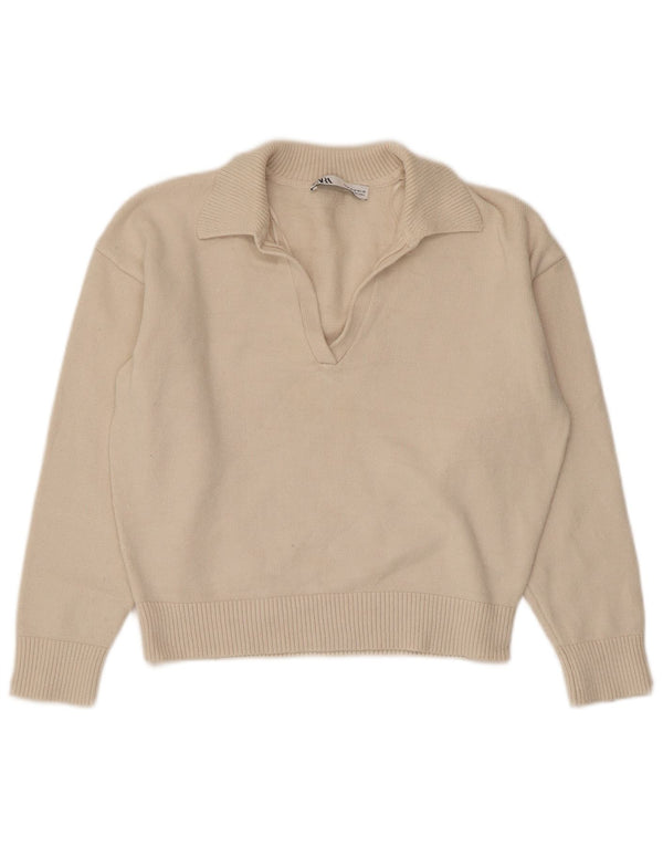 Zara Womens Crop Polo Neck Jumper Sweater UK 14 Medium Beige