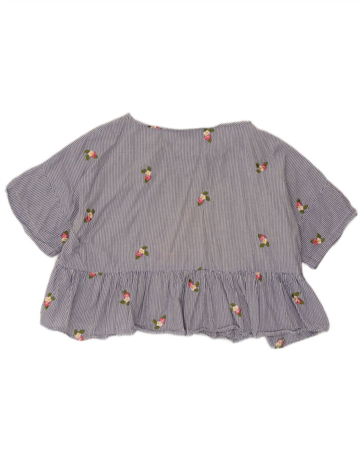 ZARA Womens Crop Blouse Top UK 14 Medium Blue Pinstripe