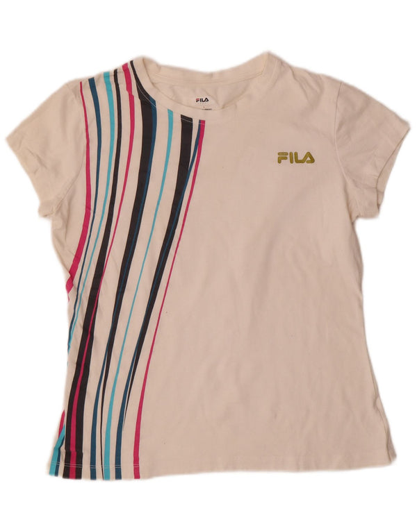 Fila Womens T-Shirt Top UK 14 Large Off White Striped Cotton