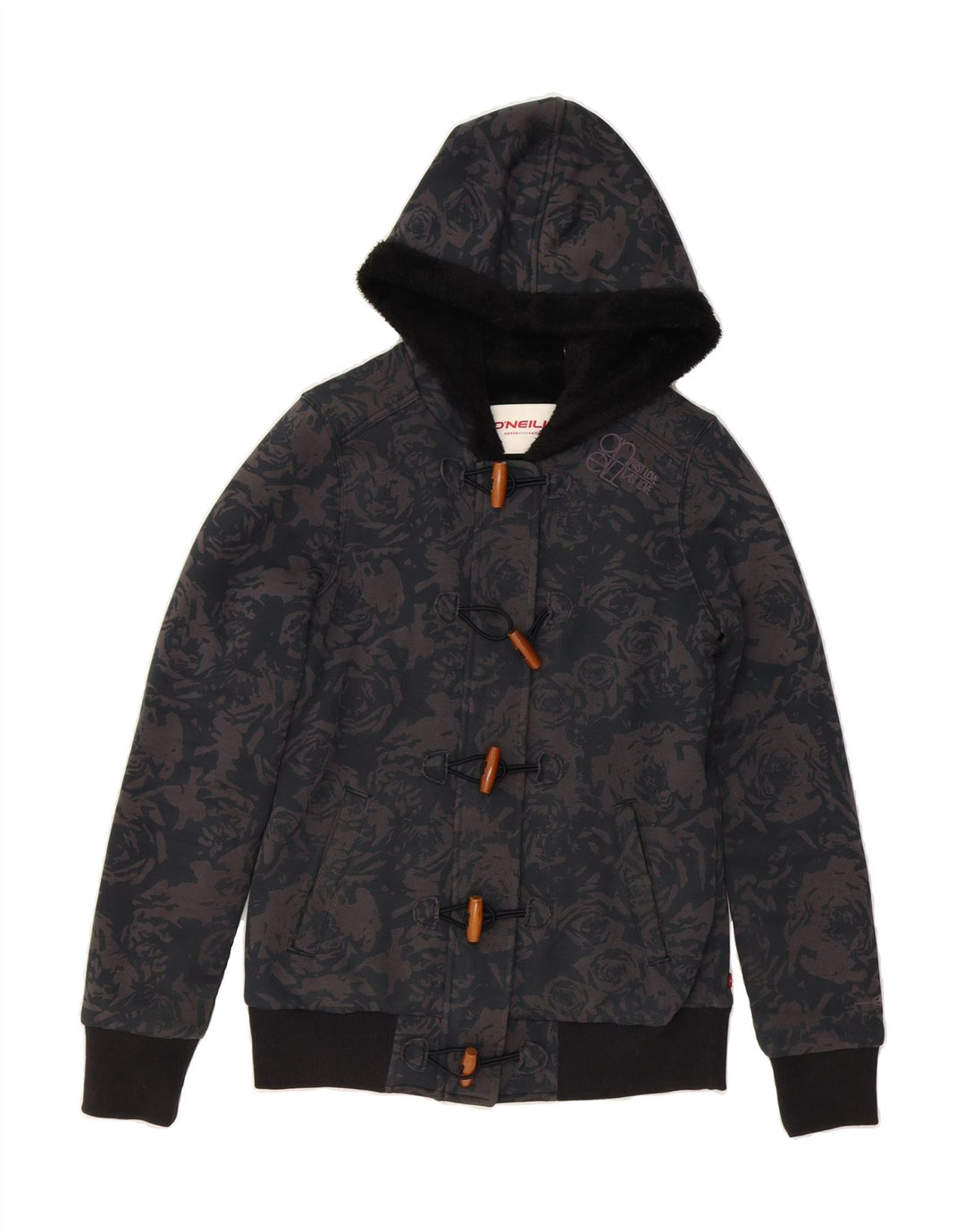 O'NEILL Womens Hooded Bomber Jacket UK 14 Medium Black Floral Cotton Vintage O'Neill and Second-Hand O'Neill from Messina Hembry 