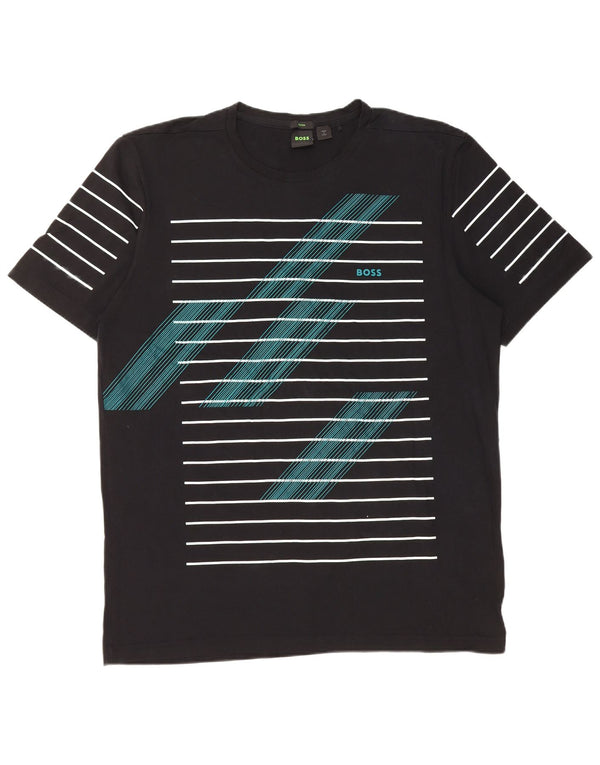 HUGO BOSS Mens Graphic T-Shirt Top Large Black Striped Cotton