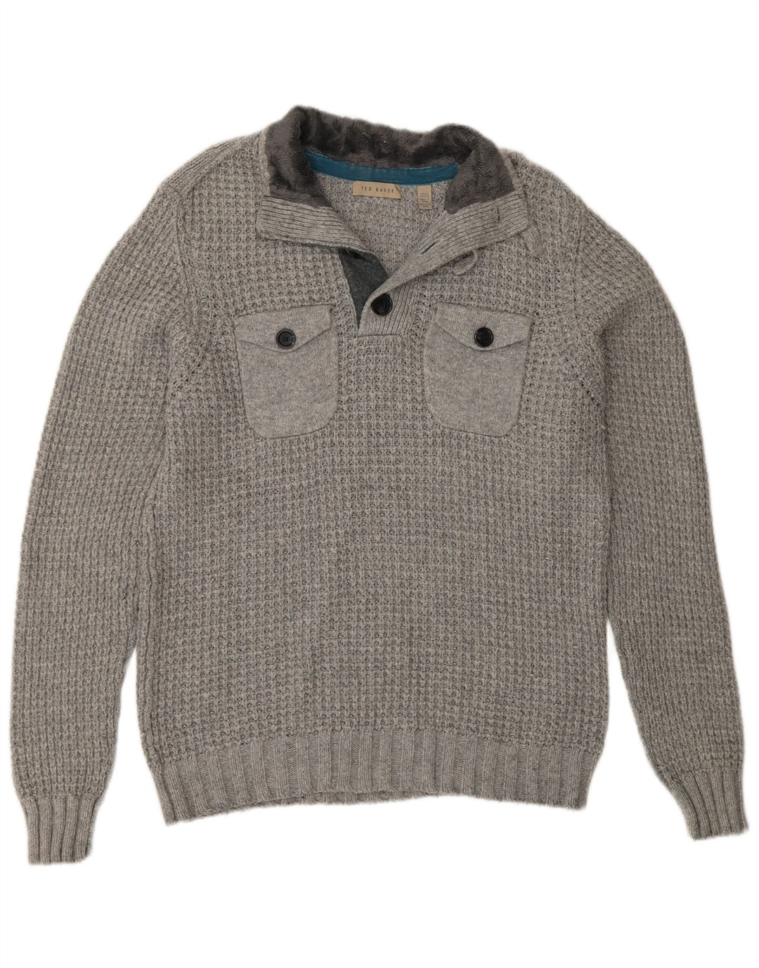 Ted Baker Mens Button Neck Jumper Sweater Size 4 Large Grey Cotton