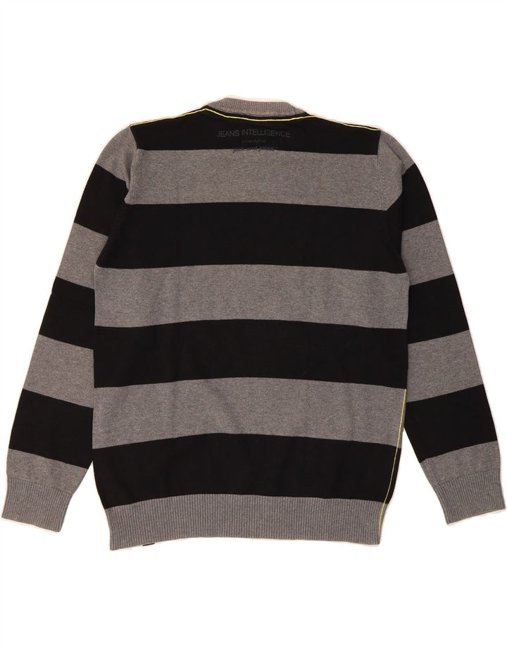 JACK & JONES Mens Graphic Sweatshirt Jumper Medium Grey Striped Cotton Vintage Jack & Jones and Second-Hand Jack & Jones from Messina Hembry 