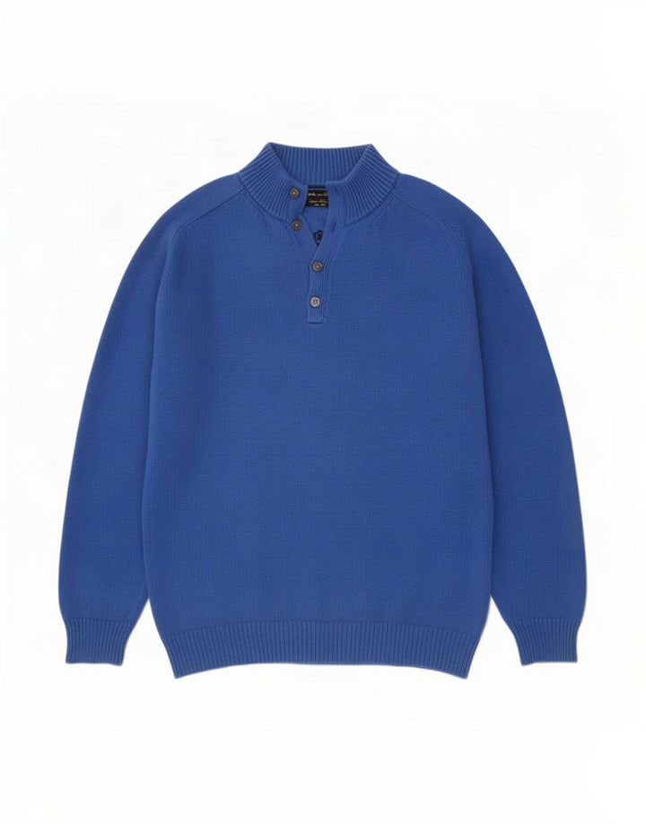 Massimo Dutti Mens Button Neck Jumper Sweater 2XL Blue Cotton