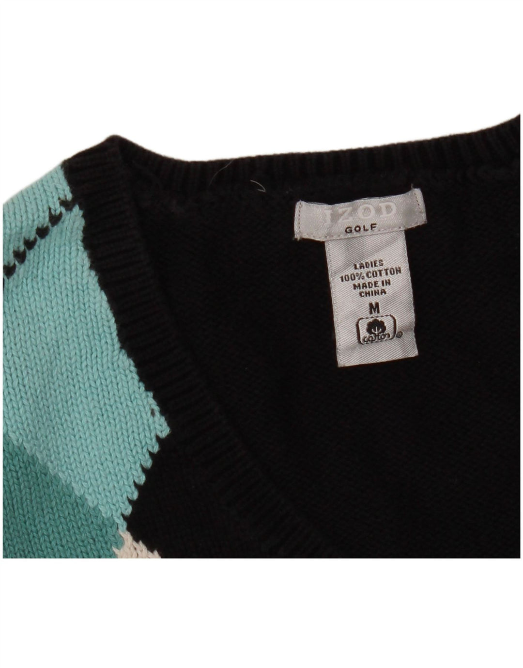 IZOD Womens Golf V-Neck Jumper Sweater UK 12 Medium Black Argyle/Diamond